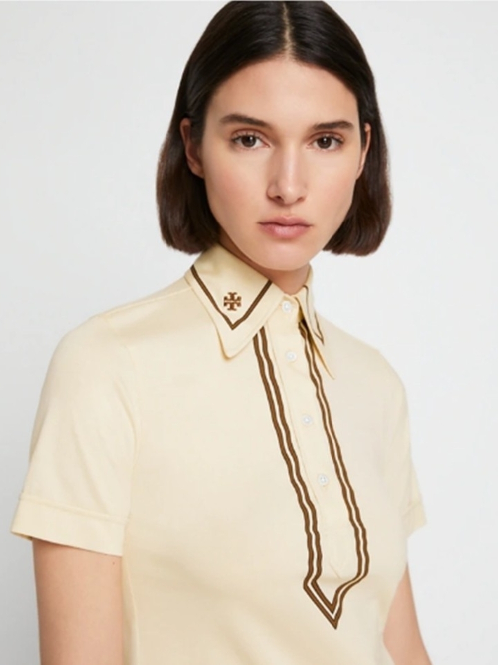 Tory Sport Cream Short-Sleeve Polo with Brown Contrast Trim